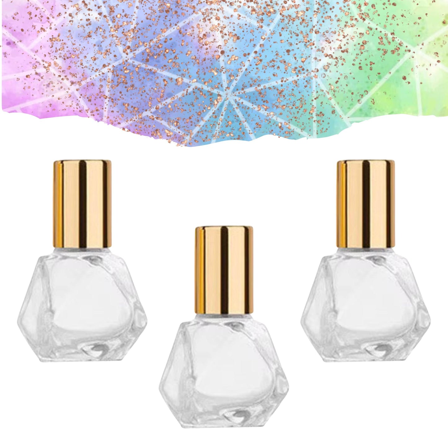 Geometric Shape Clear Glass Roller Bottle • 15ml Essential Oil Roller • Stainless Rollerball • Signature Shapes • Refillable