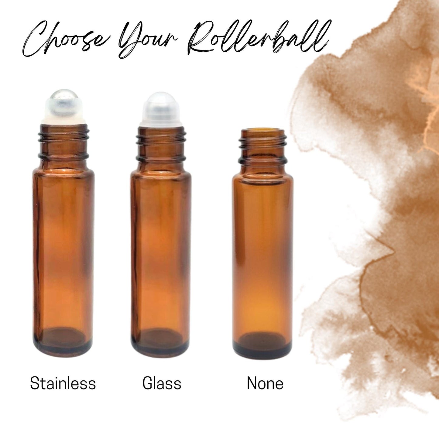 Amber Glass Roller Bottle with Bamboo Cap • 5ml or 10ml Essential Oil Roller • Glass or Stainless Rollerball • Refillable