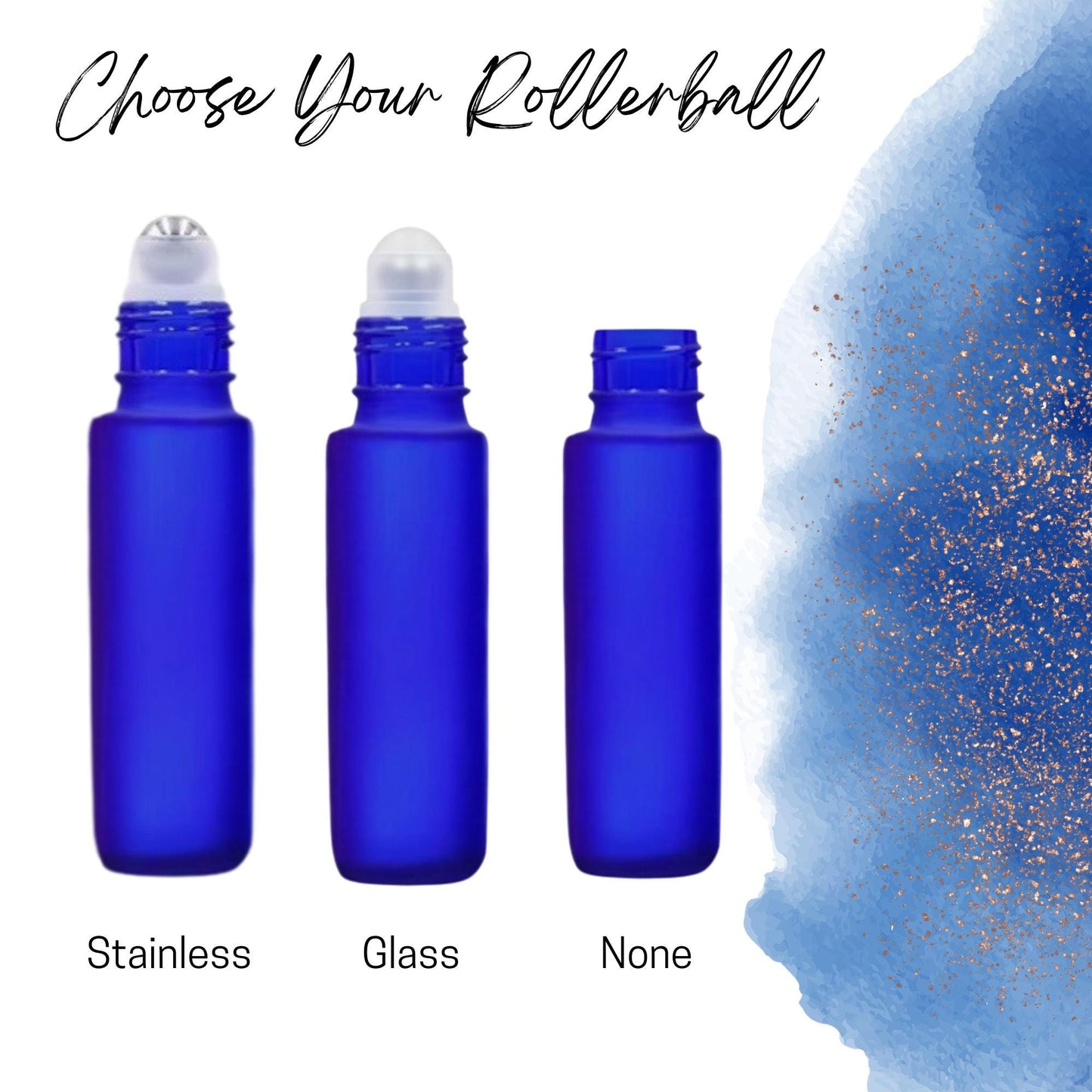 Frosted Cobalt Blue Glass Roller Bottle • 10ml Essential Oil Roller • Stainless or Glass Rollerball • Refillable • Single & Set Options