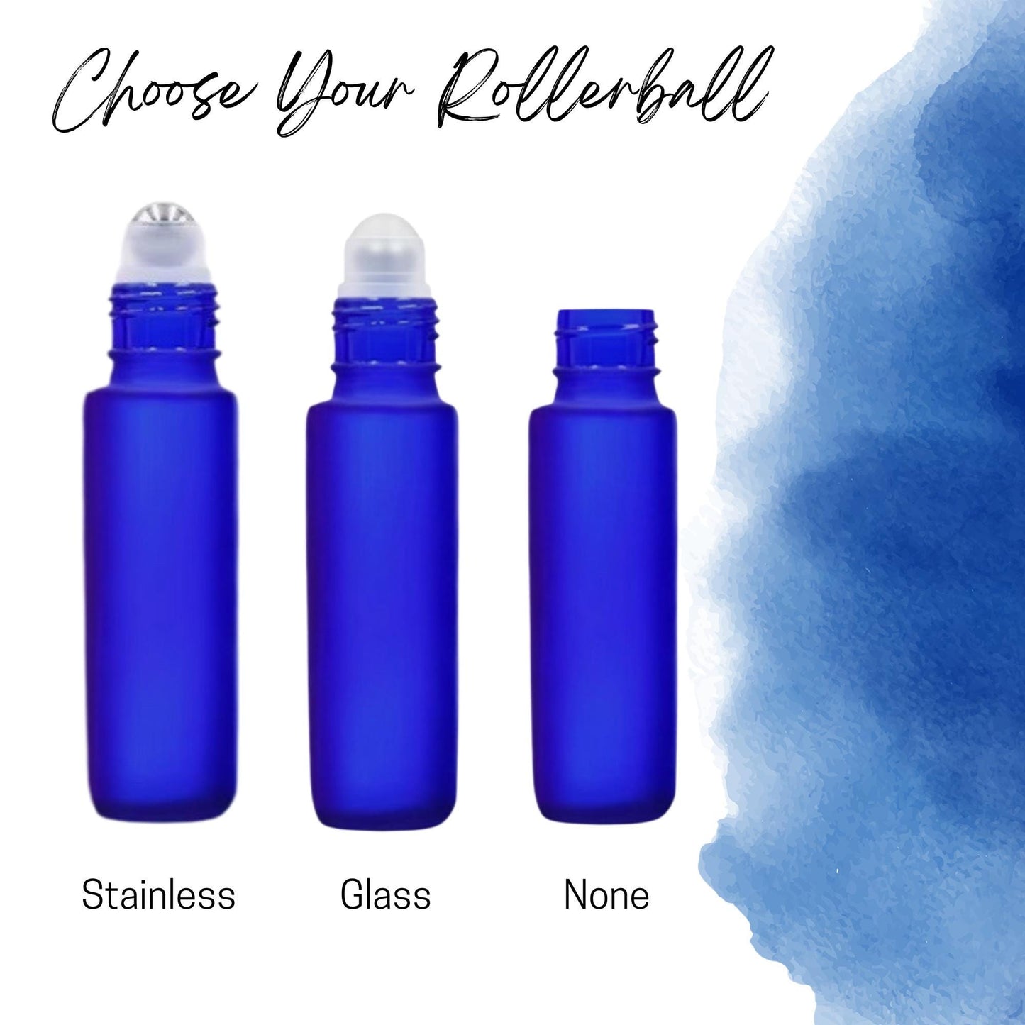 Frosted Cobalt Blue Glass Roller Bottle with Bamboo Cap • 10ml Essential Oil Roller • Glass or Stainless Rollerball • Refillable