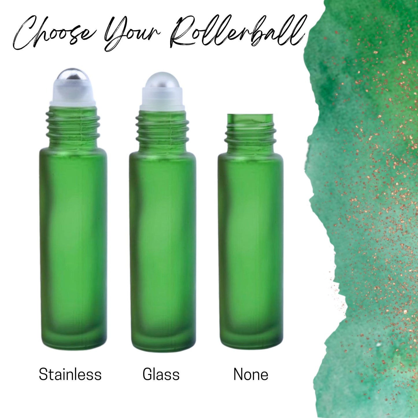 Frosted Green Glass Roller Bottle • 5ml or 10ml Essential Oil Roller • Stainless or Glass Rollerball • Refillable • Single & Set Options