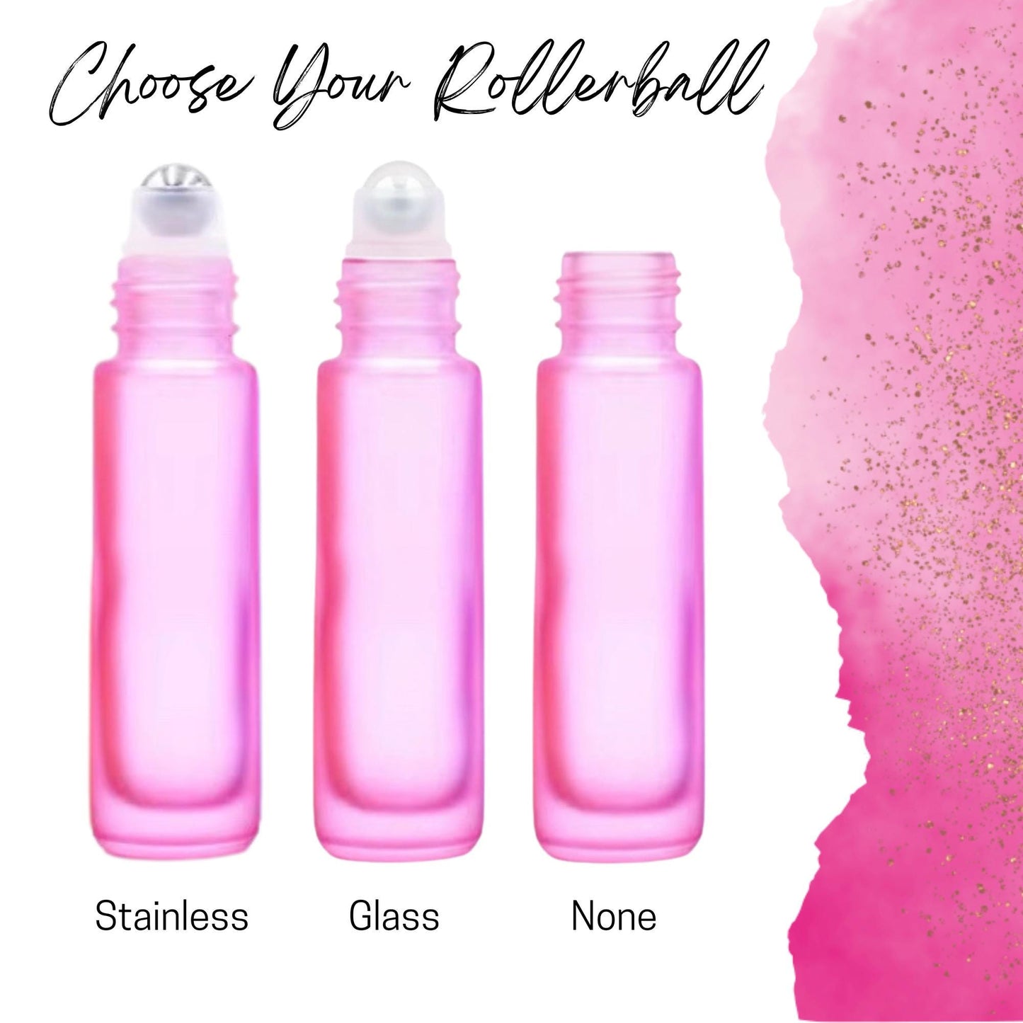 Frosted Pink Glass Roller Bottle • 5ml or 10ml Essential Oil Roller • Stainless or Glass Rollerball • Refillable • Single or Set Options