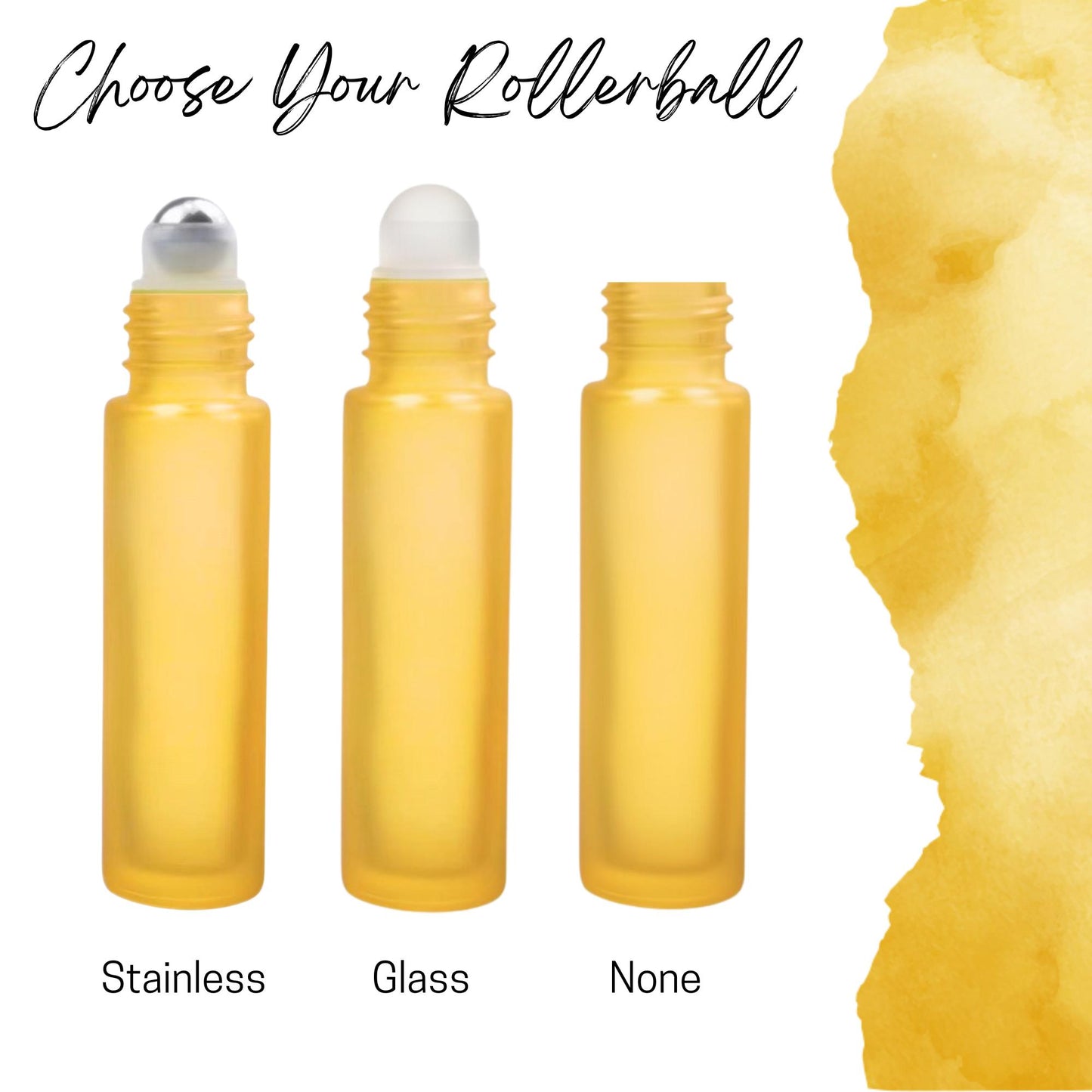 Frosted Yellow Glass Roller Bottle with Bamboo Cap • 5ml or 10ml Essential Oil Roller • Glass or Stainless Rollerball • Refillable