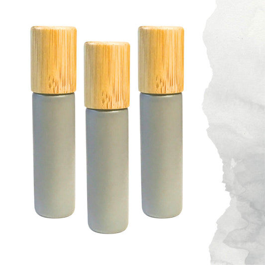 Mountain Gray Glass Roller Bottle with Bamboo Cap • 5ml or 10ml Essential Oil Roller • Glass or Stainless Rollerball • Refillable