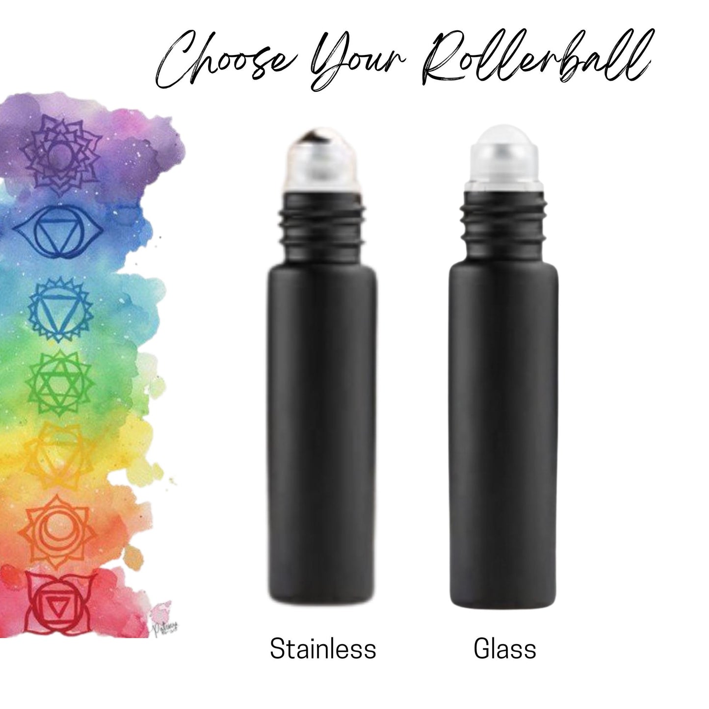 Chakra Glass Roller Bottle Set • Black Bottles with Chakra Caps • 10ml Essential Oil Rollers • Stainless or Glass Rollerballs • Refillable