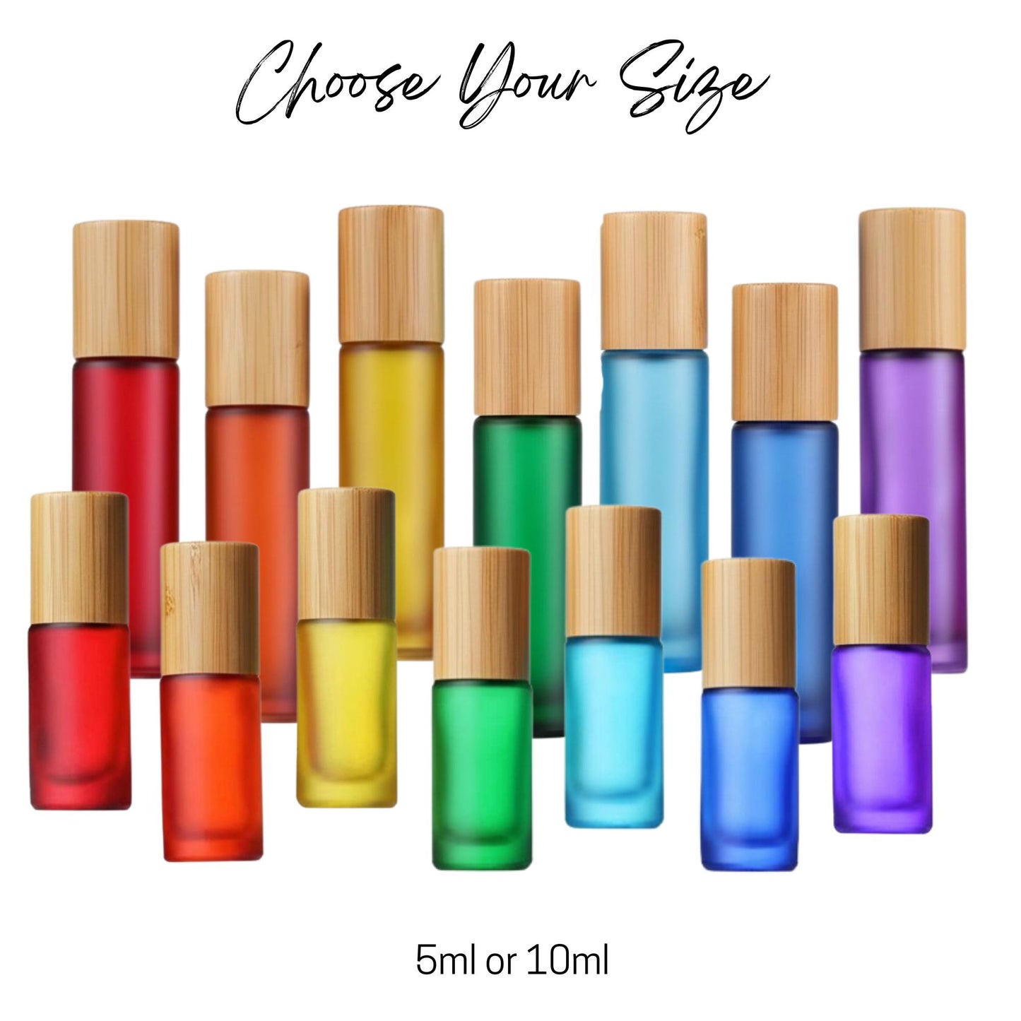 Chakra Glass Roller Bottle Set • Frosted Bottles with Bamboo Caps • 5ml or 10ml • Stainless or Glass Rollerballs • Refillable