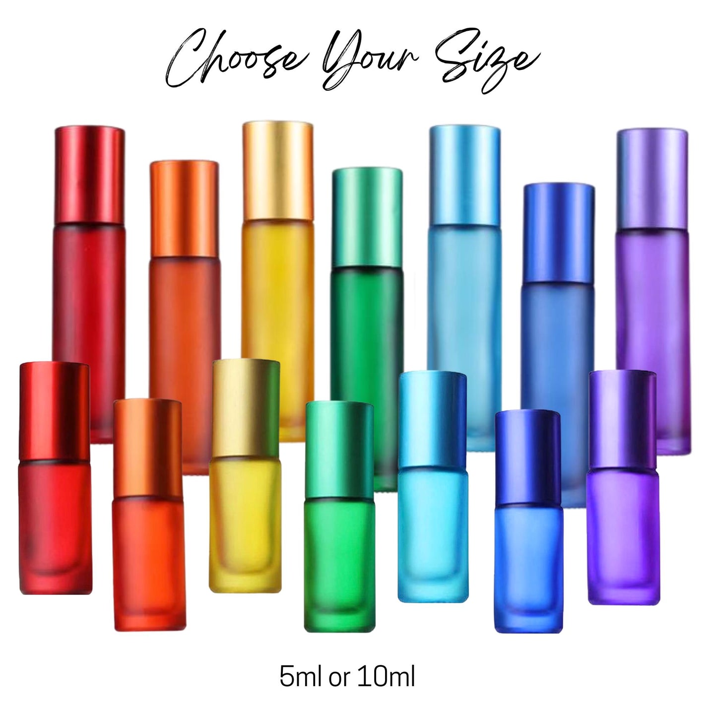 Chakra Glass Roller Bottle Set • 7 Frosted Color Bottles • 5ml or 10ml Essential Oil Rollers • Stainless or Glass Rollerballs • Refillable