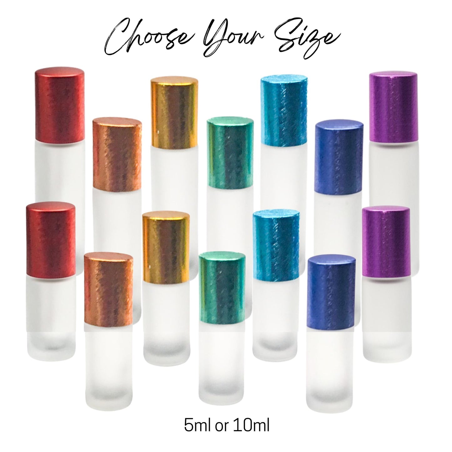 Chakra Roller Bottle Set • Frosted Clear Glass with Brushed Metal Caps • 5ml or 10ml • Stainless or Glass Rollerballs • Refillable