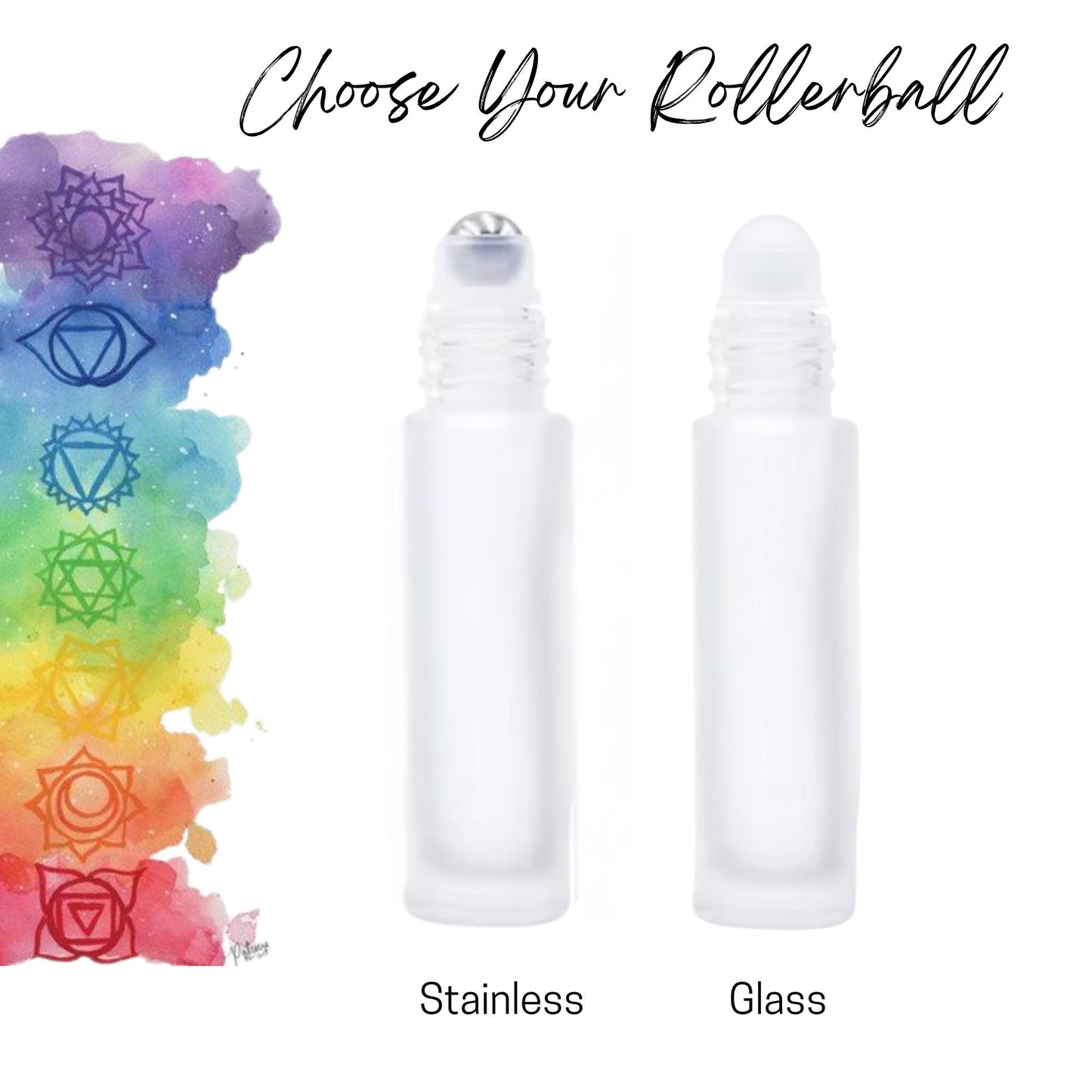Chakra Roller Bottle Set • Frosted Clear Glass with Brushed Metal Caps • 5ml or 10ml • Stainless or Glass Rollerballs • Refillable