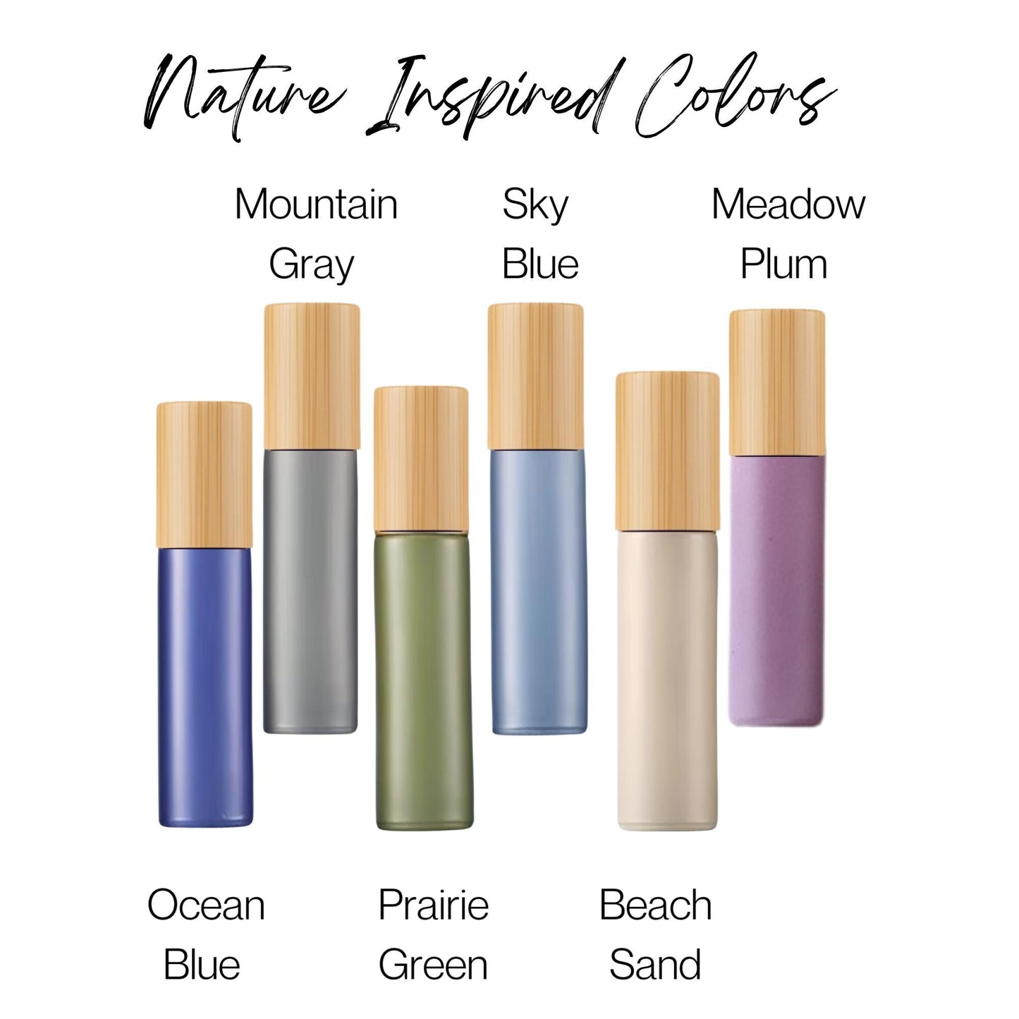 Nature Inspired Roller Bottle Set • 6 Colors with Bamboo Caps • 5ml or 10ml • Stainless or Glass Rollerballs • Refillable