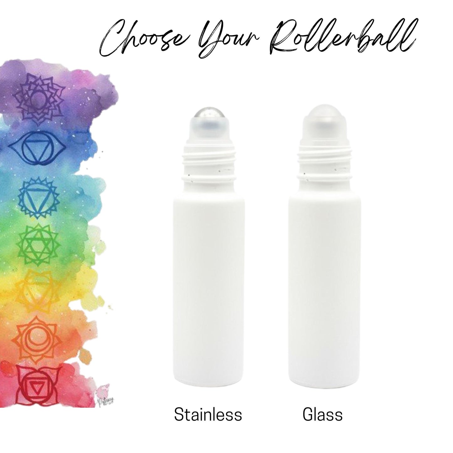 Chakra Glass Roller Bottle Set • White Bottles with Chakra Caps • 10ml Essential Oil Rollers • Stainless or Glass Rollerballs • Refillable