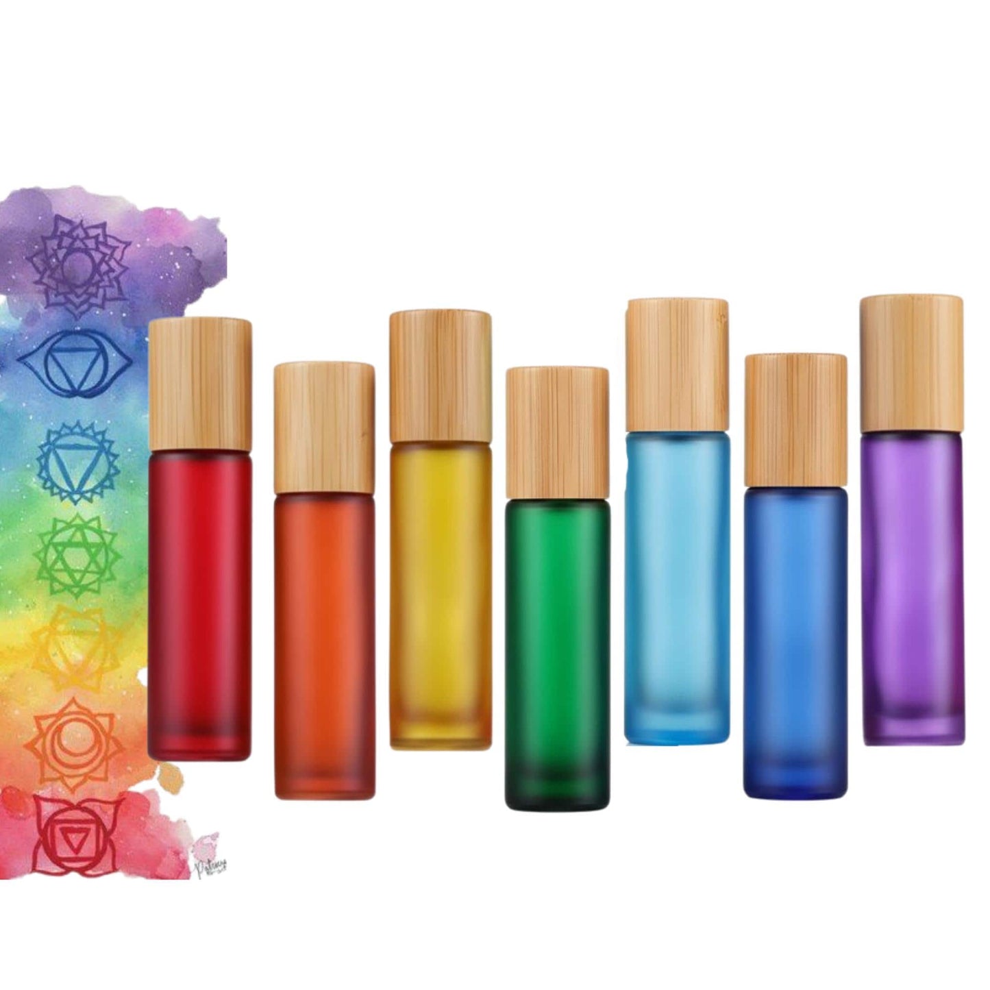 Chakra Glass Roller Bottle Set • Frosted Bottles with Bamboo Caps • 5ml or 10ml • Stainless or Glass Rollerballs • Refillable