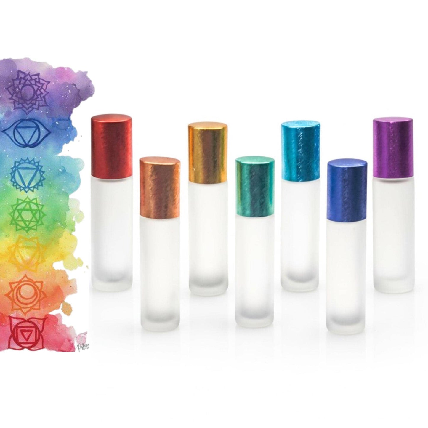 Chakra Roller Bottle Set • Frosted Clear Glass with Brushed Metal Caps • 5ml or 10ml • Stainless or Glass Rollerballs • Refillable