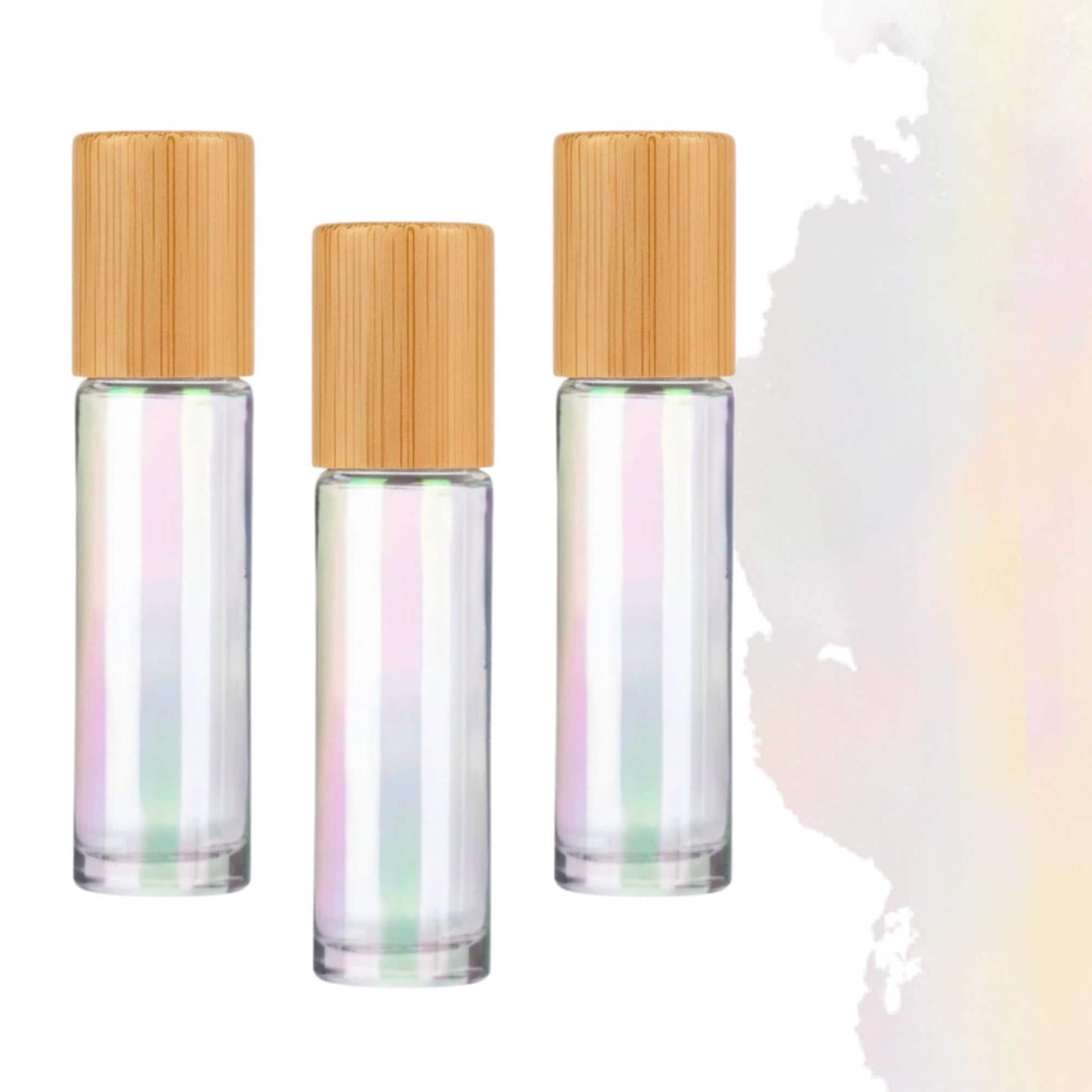 Iridescent Glass Roller Bottle with Bamboo Cap • 10ml Essential Oil Roller • Stainless or Glass Rollerball • Refillable