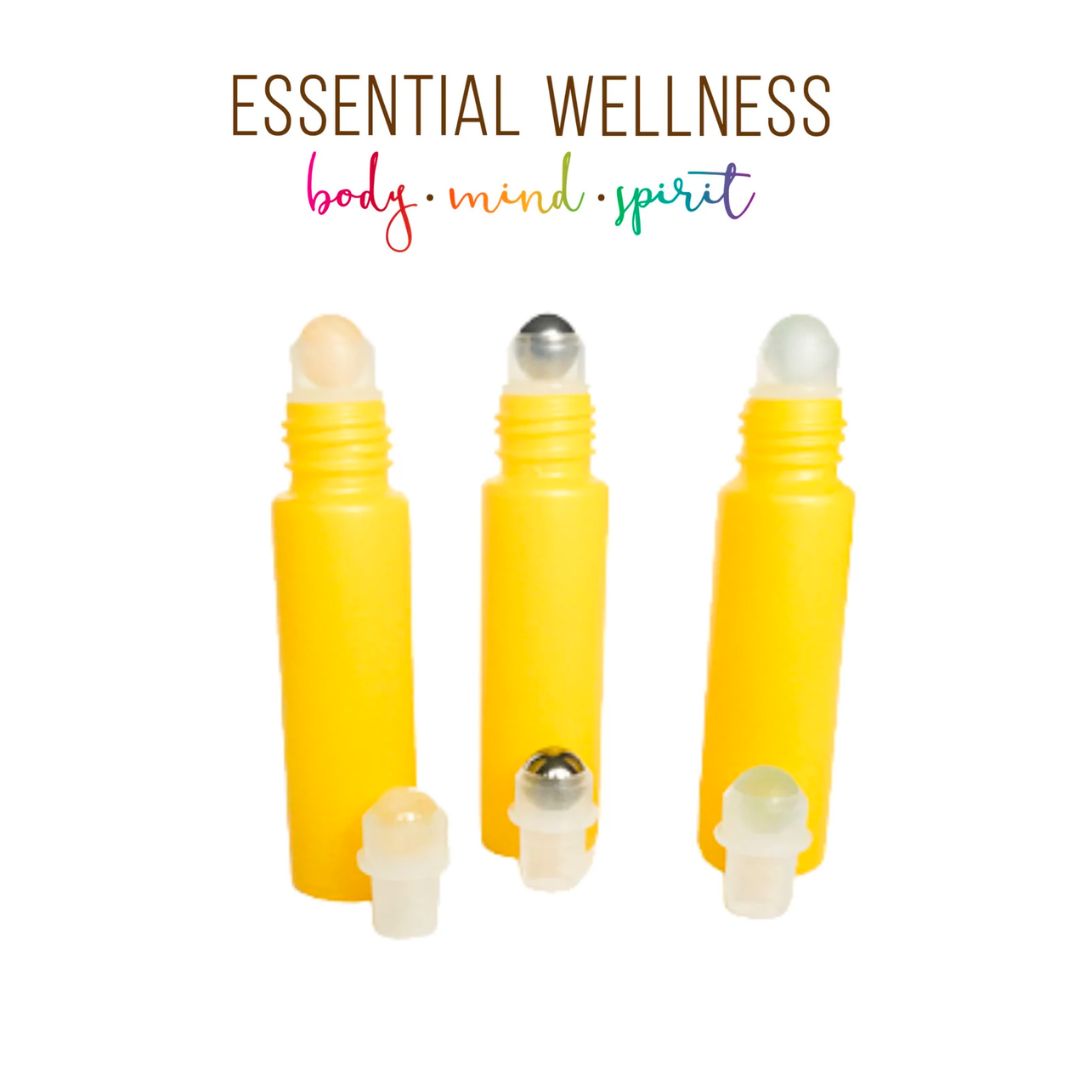 BRIGHT YELLOW Roller Bottles - Single or Sets- 10 ml Matte Glass Roll On - Choice of Cap Color & Gemstone, Stainless or Glass Rollerball