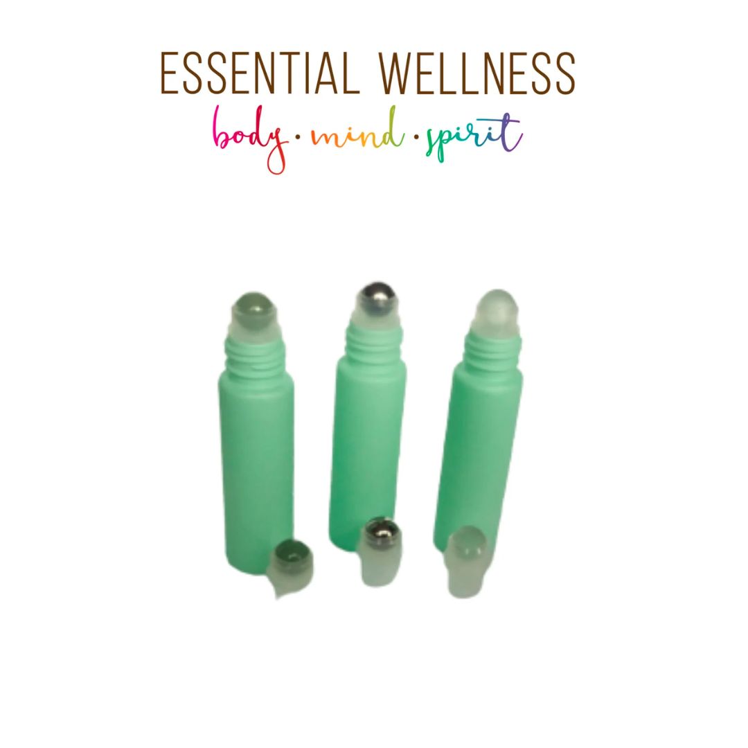 BRIGHT MINT GREEN Roller Bottles - Single or Set - 10 ml Matte Glass Roll On - Choice of Cap Color & Gemstone, Stainless or Glass Rollerball