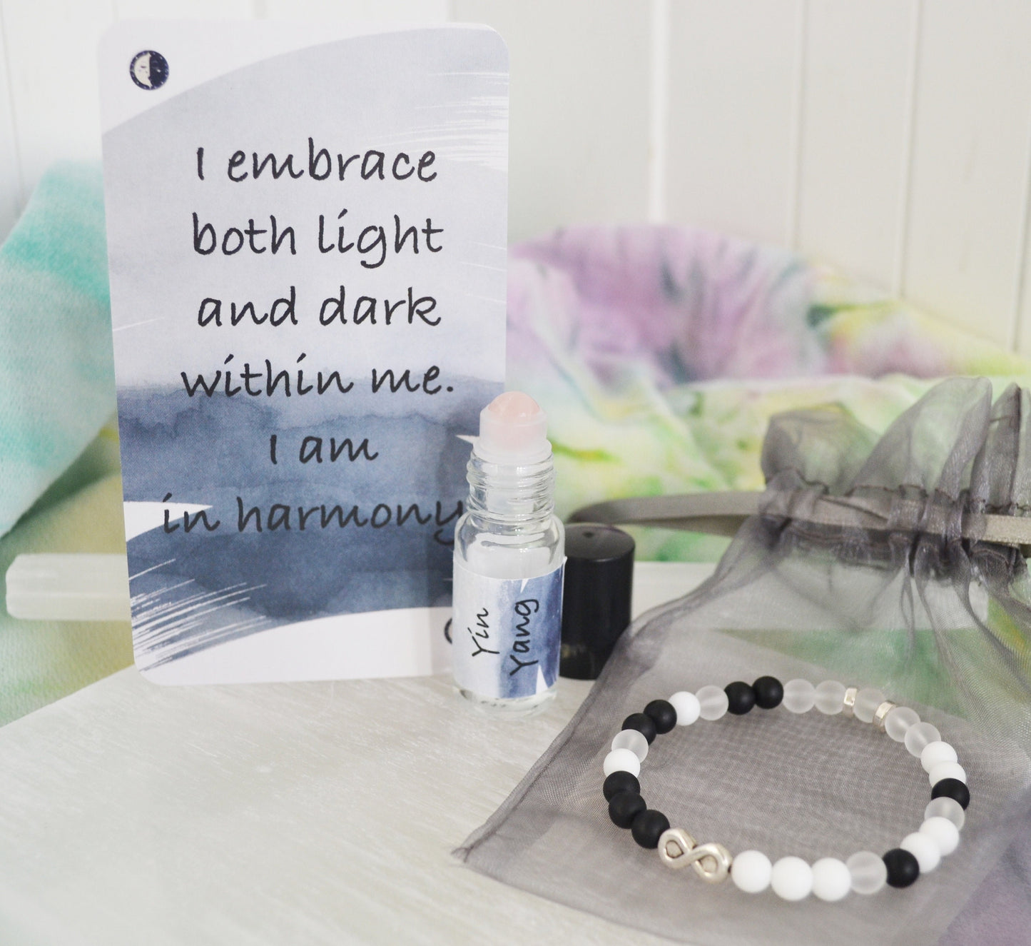 Metaphysical Gift Set - Yin Yang Illuminate Box - Reiki Infused Gemstone Bracelet, Essential Oil Blend, Mantra Card