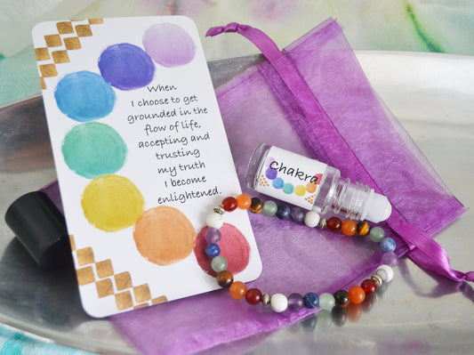 CHAKRA BALANCING Gemstone Bracelet, Essential Oil Blend Roller Bottle, Mantra Card & Meditation Set  - Yoga Support