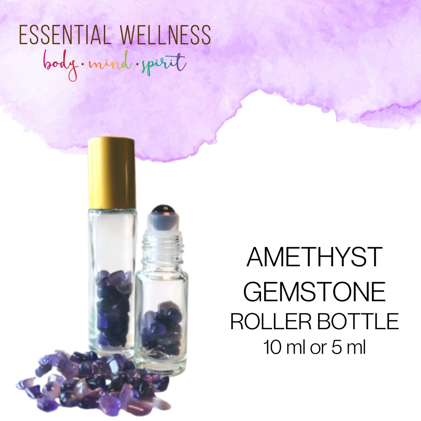 AMETHYST Gemstone Crystal Roller Bottle 10 ml or 5 ml - Reiki Enhanced - Your Choice of Metal Cap Color