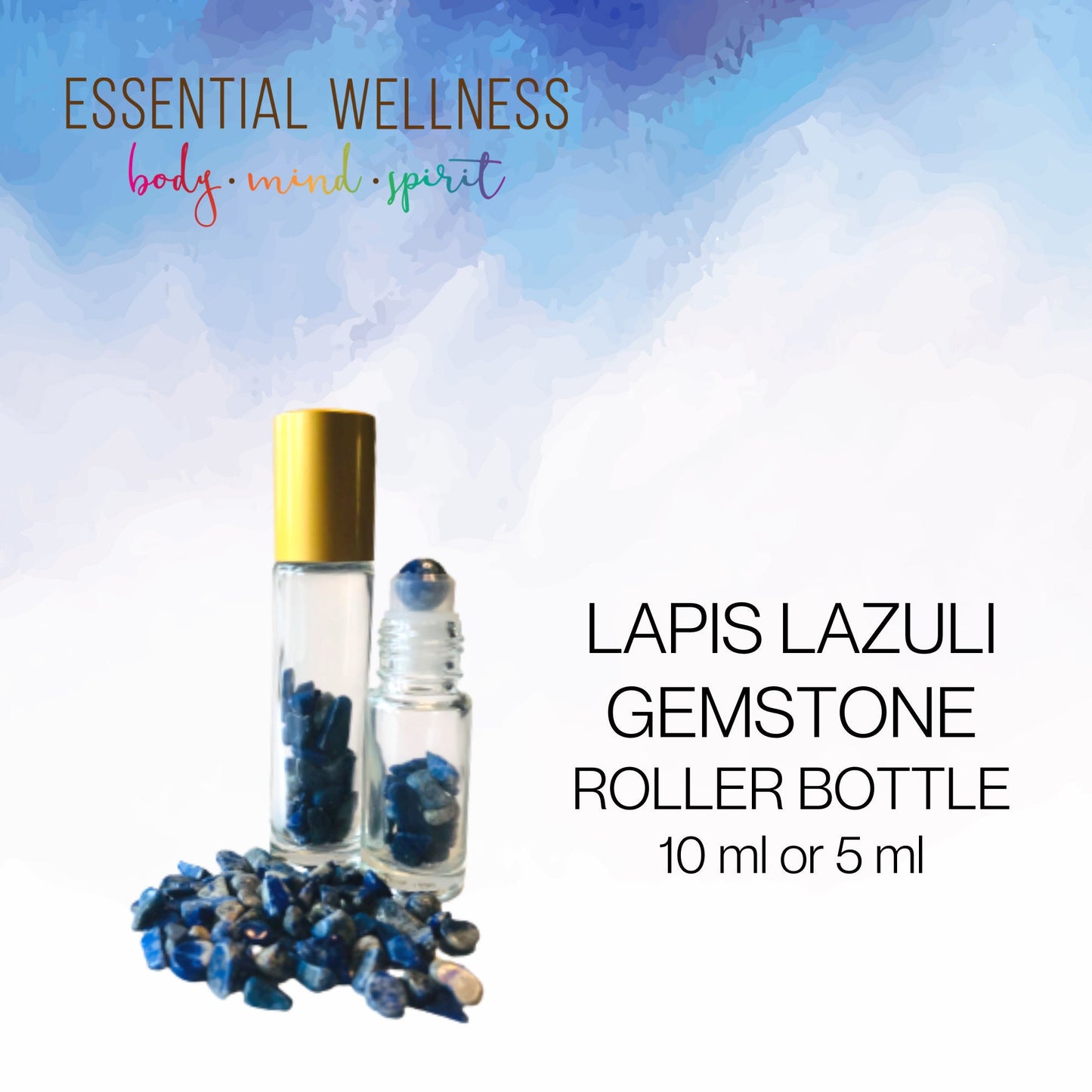 LAPIS LAZULI Gemstone Crystal Roller Bottle 10 ml or 5 ml - Reiki Enhanced - Your Choice of Metal Cap Color