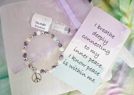 INNER PEACE Gemstone Bracelet, Essential Oil Blend Roller Bottle, Mantra Card & Meditation Set - Yoga Support - Reiki