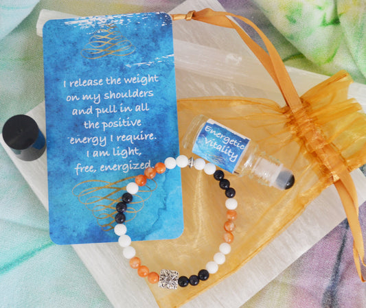 ENERGETIC VITALITY Gemstone Bracelet, Essential Oil Blend, Mantra Card & Meditation Set - Joyful - Yoga Support