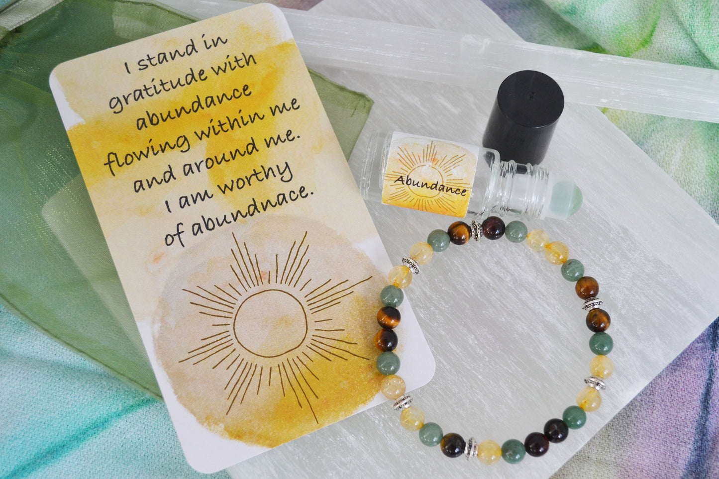 ABUNDANCE Gemstone Bracelet, Essential Oil Blend Roller Bottle, Mantra Card & Meditation Set - Prosperity - Yoga Support