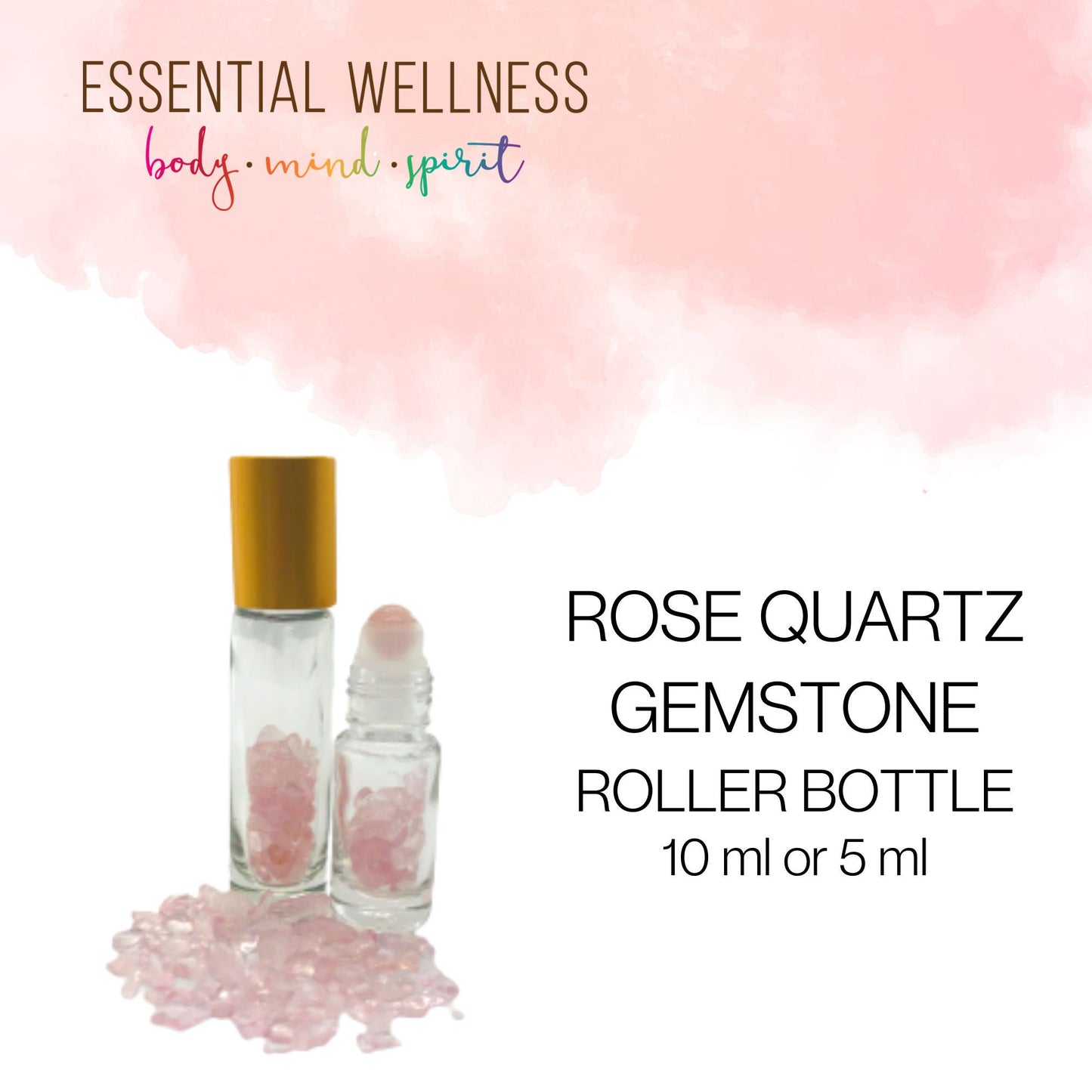 ROSE QUARTZ Gemstone Crystal Roller Bottle 10 ml or 5 ml - Reiki Enhanced - Your Choice of Metal Cap Color