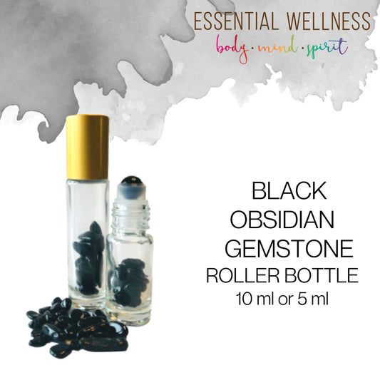 BLACK OBSIDIAN Gemstone Crystal Roller Bottle 10 ml or 5 ml - Reiki Enhanced  - Your Choice of Metal Cap Color