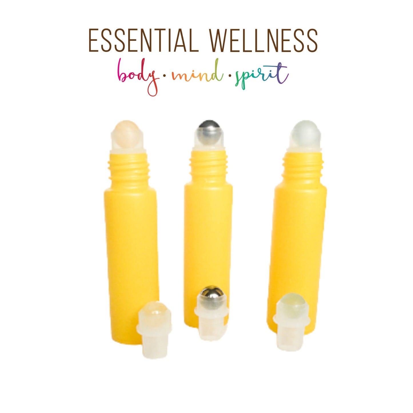 BRIGHT YELLOW Roller Bottles - Single or Sets- 10 ml Matte Glass Roll On  - Choice of Cap Color & Gemstone, Stainless or Glass Rollerball