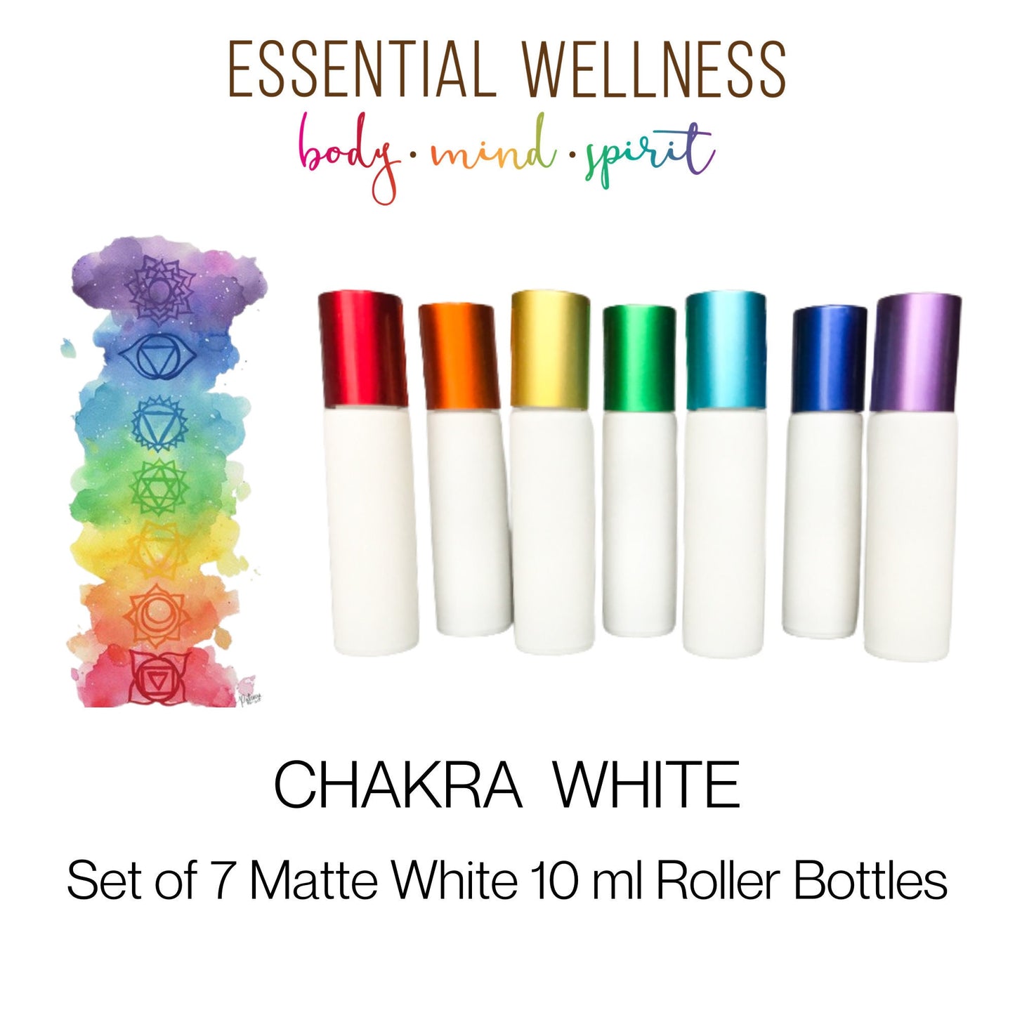 CHAKRA Set - Matte White 10 ml Glass Roller Bottles  for Essential Oils - Gemstone Crystal Rollerball Option - Metaphysical