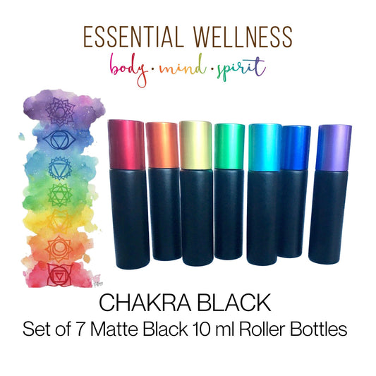 CHAKRA Set - Black Matte 10 ml Glass Roller Bottles for Essential Oils - Gemstone Crystal Rollerball  Option - Metaphysical