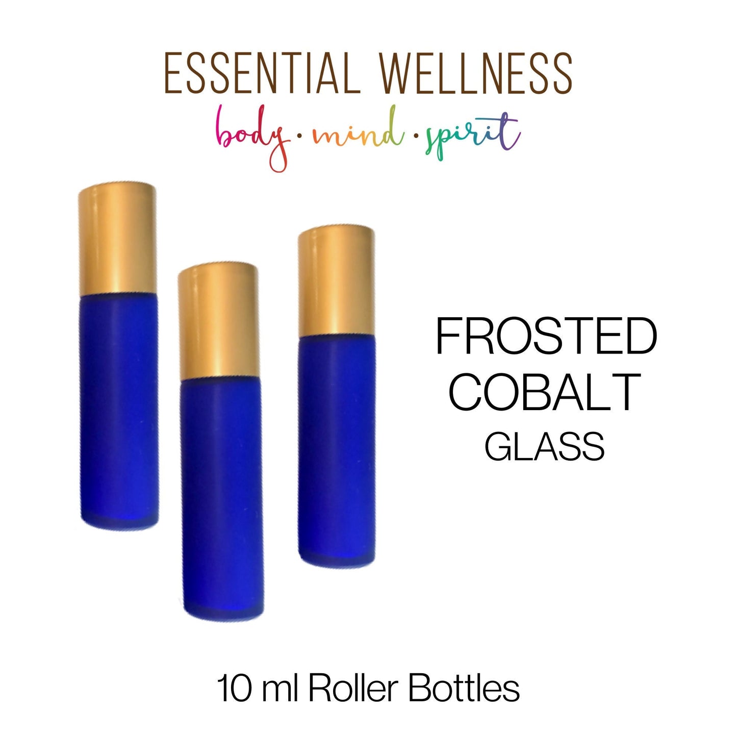 FROSTED COBALT Roller Bottles - Single or Sets - 10 ml Glass Roll On - Choice of Cap Color & Gemstone, Stainless or Glass Roller Ball