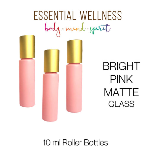 BRIGHT PINK Roller Bottles - Single or Sets - 10 ml Matte Glass Roll On - Choice of Cap Color & Gemstone, Stainless or Glass Rollerball