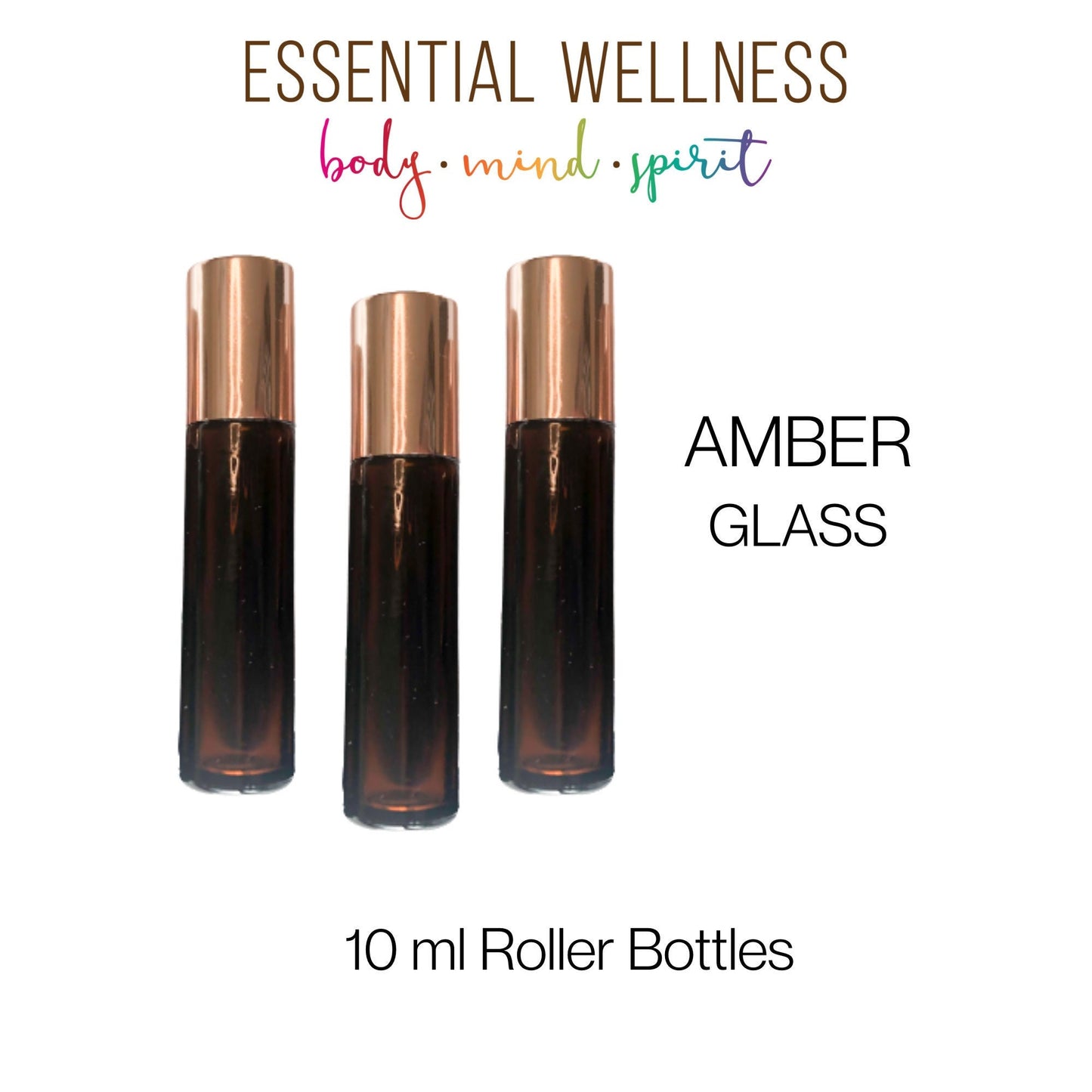 AMBER Roller Bottles - Single or Sets - 10 ml Glass Roll On Bottle - Choice of Cap Color & Gemstone, Stainless or Glass Rollerball