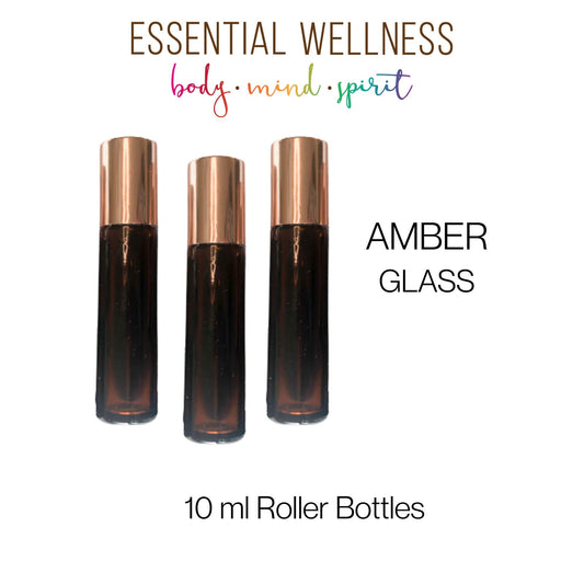 AMBER Roller Bottles - Single or Sets - 10 ml Glass Roll On Bottle - Choice of Cap Color & Gemstone, Stainless or Glass Rollerball