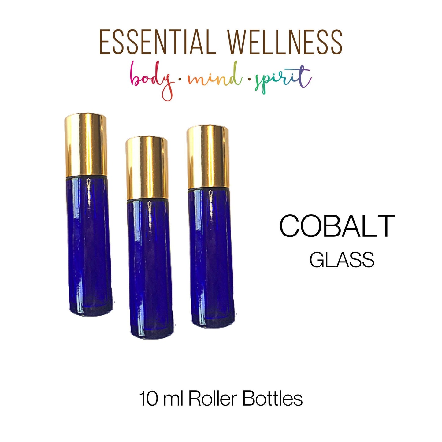 COBALT BLUE Roller Bottle - Single or Sets - 10 ml Glass Roll On - Choice of Cap Color & Gemstone, Stainless or Glass Rollerball