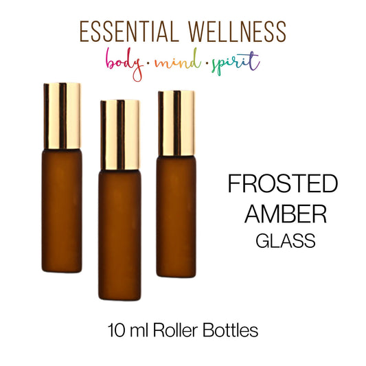 FROSTED AMBER Roller Bottles - Single or Sets - 10 ml Glass Roll On - Choice of Cap Color & Gemstone, Stainless or Glass Rollerball