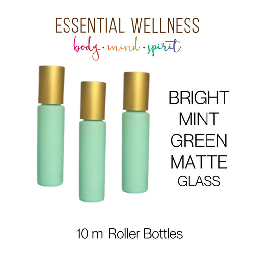 BRIGHT MINT GREEN Roller Bottles - Single or Set - 10 ml Matte Glass Roll On - Choice of Cap Color & Gemstone, Stainless or Glass Rollerball