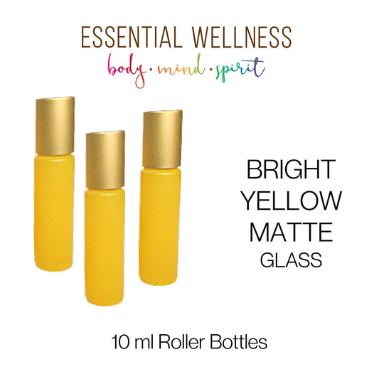 BRIGHT YELLOW Roller Bottles - Single or Sets- 10 ml Matte Glass Roll On  - Choice of Cap Color & Gemstone, Stainless or Glass Rollerball