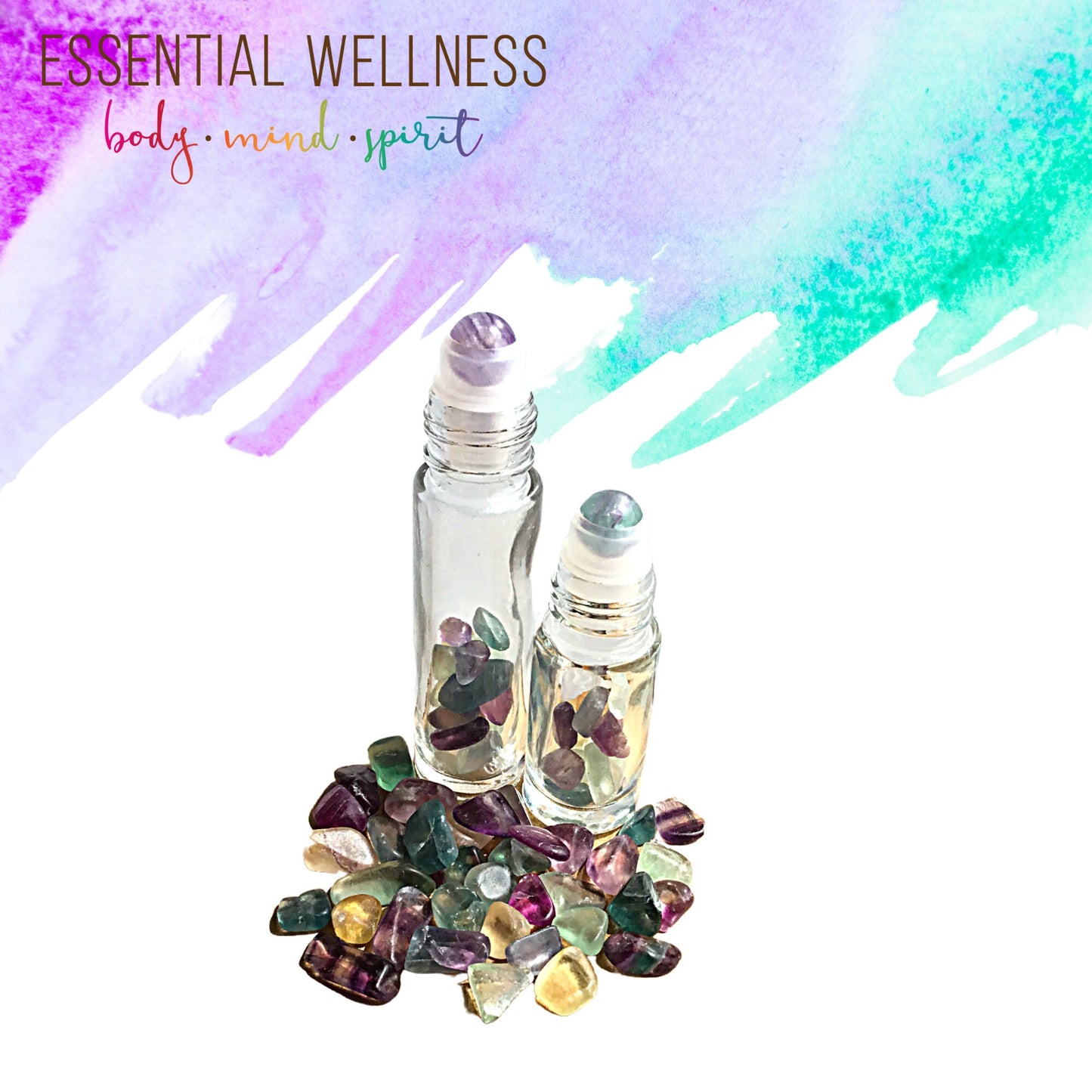 RAINBOW FLUORITE Crystal Gemstone Roller Bottle with Crystal Chips & Roller Ball - 8 Metal Cap Color Choices - 10 ml or 5 ml