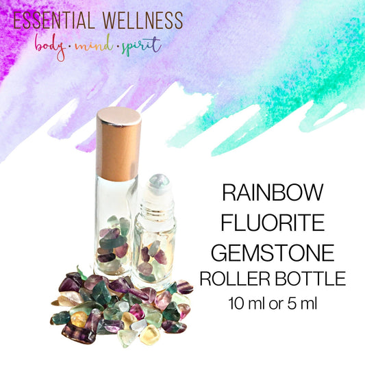 RAINBOW FLUORITE Crystal Gemstone Roller Bottle with Crystal Chips & Roller Ball - 8 Metal Cap Color Choices - 10 ml or 5 ml