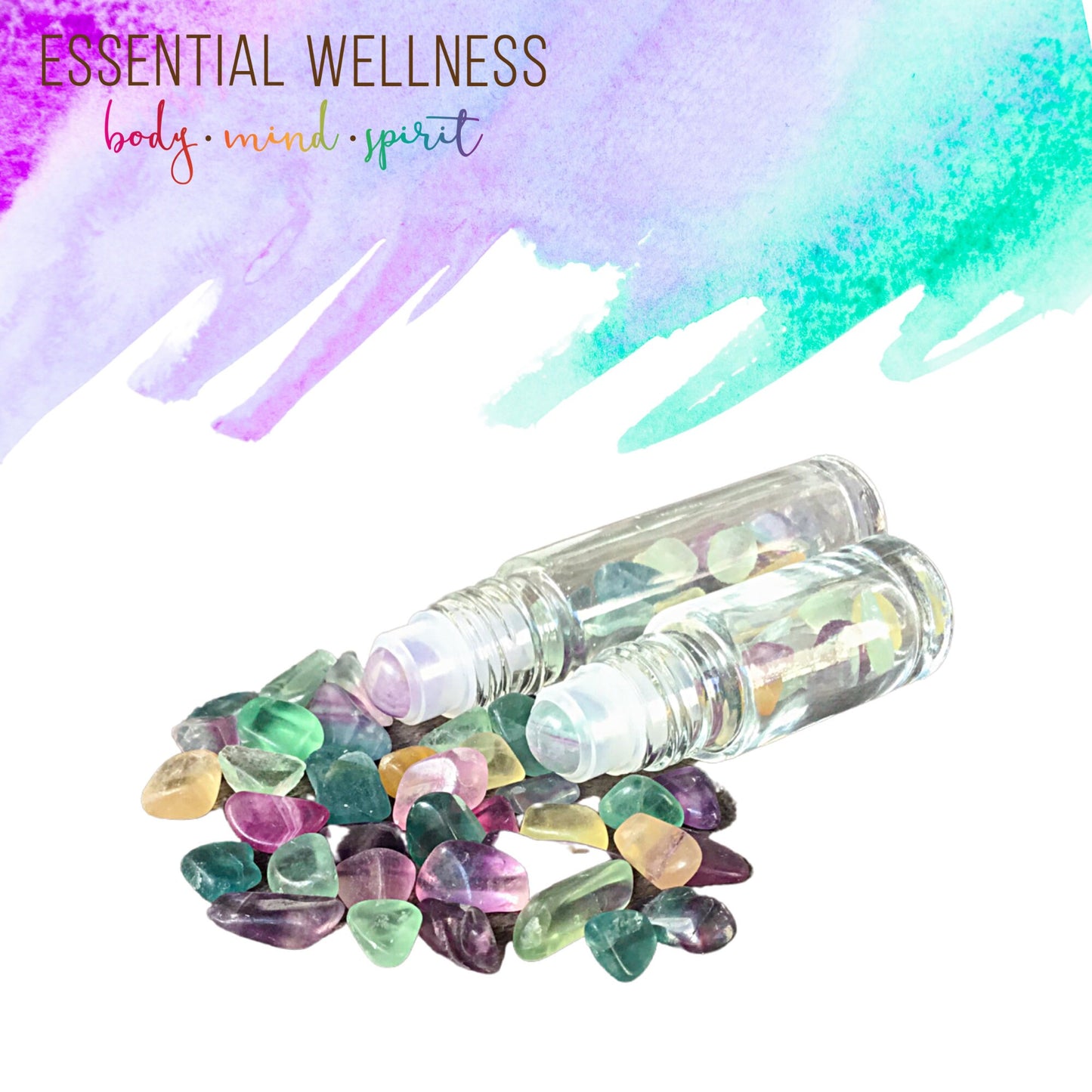 RAINBOW FLUORITE Crystal Gemstone Roller Bottle with Crystal Chips & Roller Ball - 8 Metal Cap Color Choices - 10 ml or 5 ml