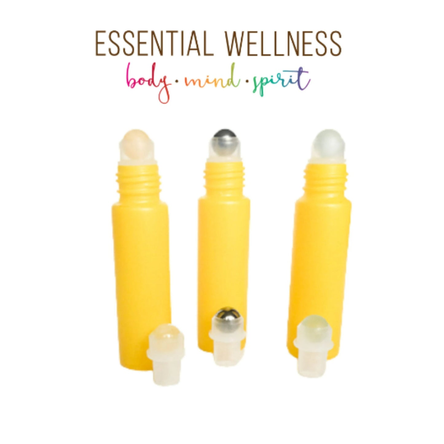 BRIGHT YELLOW Roller Bottles with Bamboo Cap - One or Sets - 10 ml Matte Glass Roll On - Choose Gemstone, Stainless or Glass Rollerball