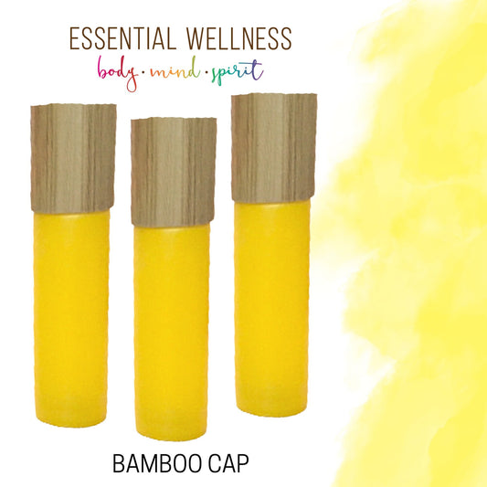 BRIGHT YELLOW Roller Bottles with Bamboo Cap - One or Sets - 10 ml Matte Glass Roll On - Choose Gemstone, Stainless or Glass Rollerball